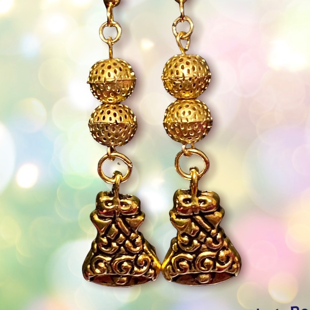 Hand Crafted Earrings Bells Christmas Xmas Gold Balls Handmade Jewelry Pierced - Picture 4 of 6